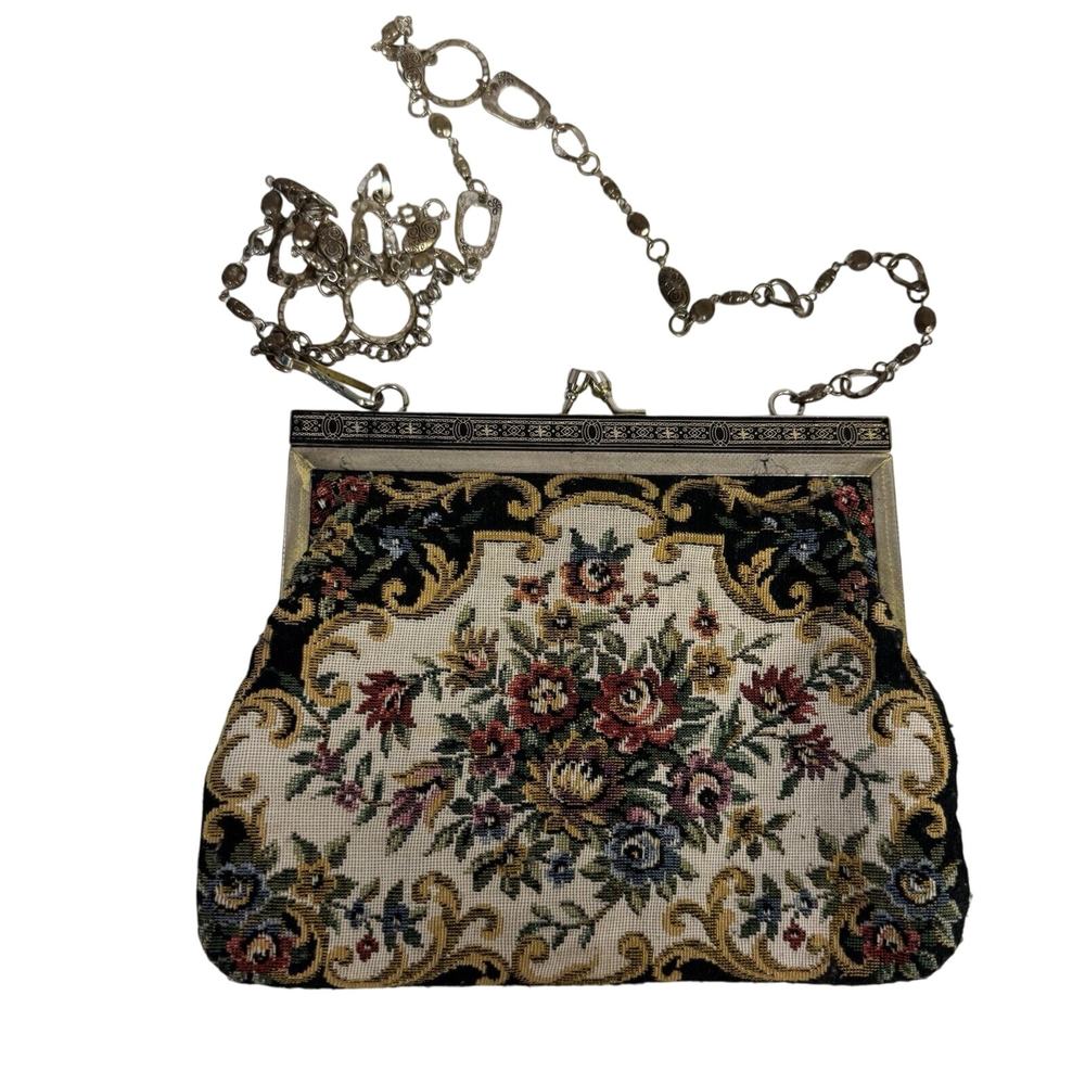 Vintage Floral Tapestry Fabric Purse with Goldtone Chain Handle Evening Bag